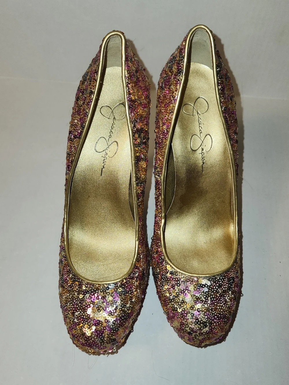 Jessica Simpson Devin 2 Pink Rose Gold Sequin Platform High Heel Pumps 8 EUC